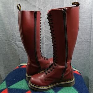 %Size 5 Dr. Martens Boots Smooth Leather Knee 20-Eye Cherry Red Rouge / D9